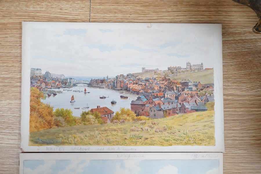 Alfred Robert Quinton (1853-1934), two watercolours on card, Whitby harbour and South Bay, Scarborough, each signed, 20 x 31cm, unframed. Condition